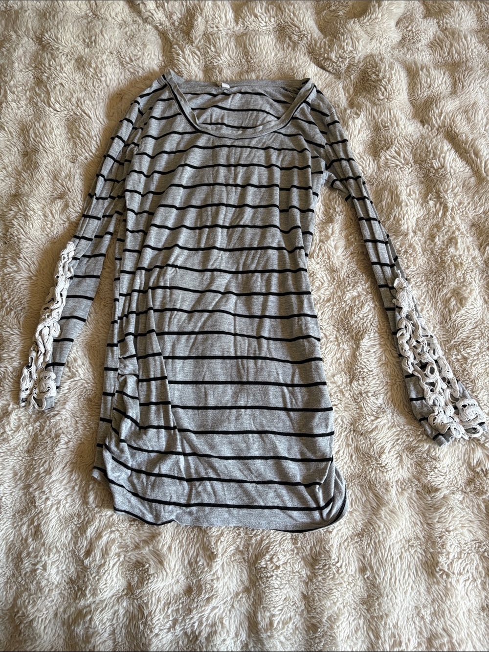 Pinkblush Gray and Black Striped Tunic with Lace Sleeve Detail